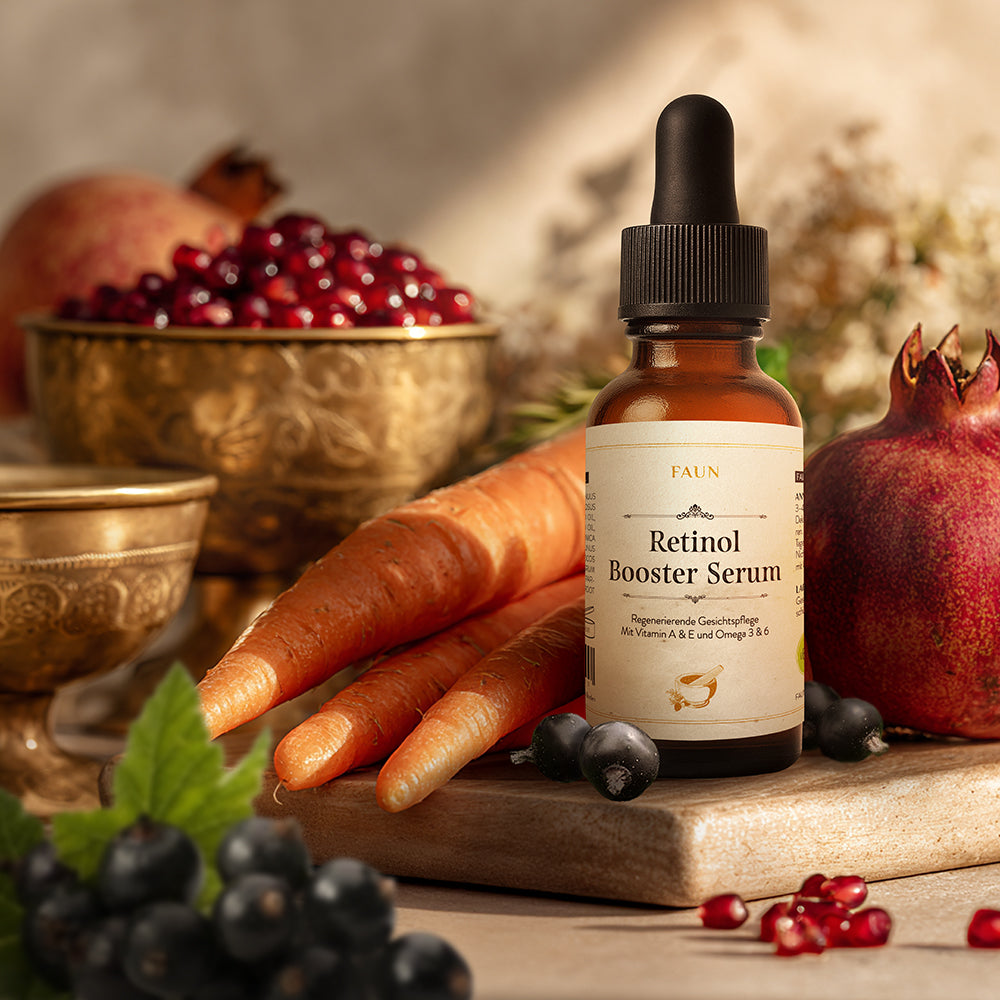 Retinol Booster Serum mit Granatapfel-, Karotten- & Jojobaöl | Sanfte Vitamin-A-Pflege für strahlende, glatte Haut