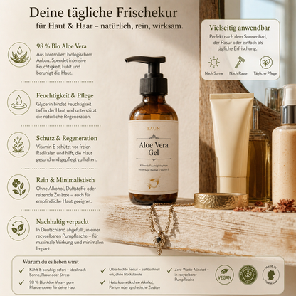 Aloe Vera Gel mit 98 % Bio-Aloe, Glycerin &amp; Vitamin E | Kühlende Feuchtigkeit für Gesicht, Körper &amp; Haare