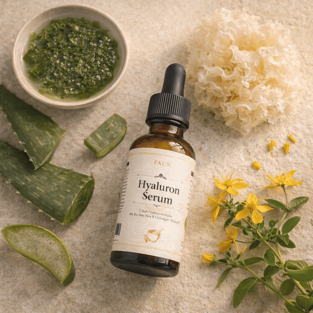 Aloe Vera, Tremella-Pilz und Johanniskraut neben dem FAUN Hyaluron Serum
