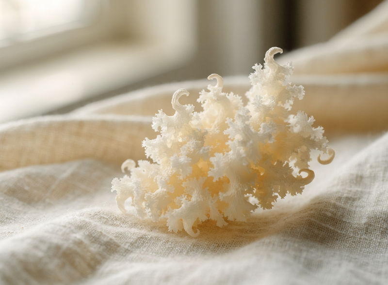 Getrockneter Tremella-Pilz auf cremefarbenem Leinen